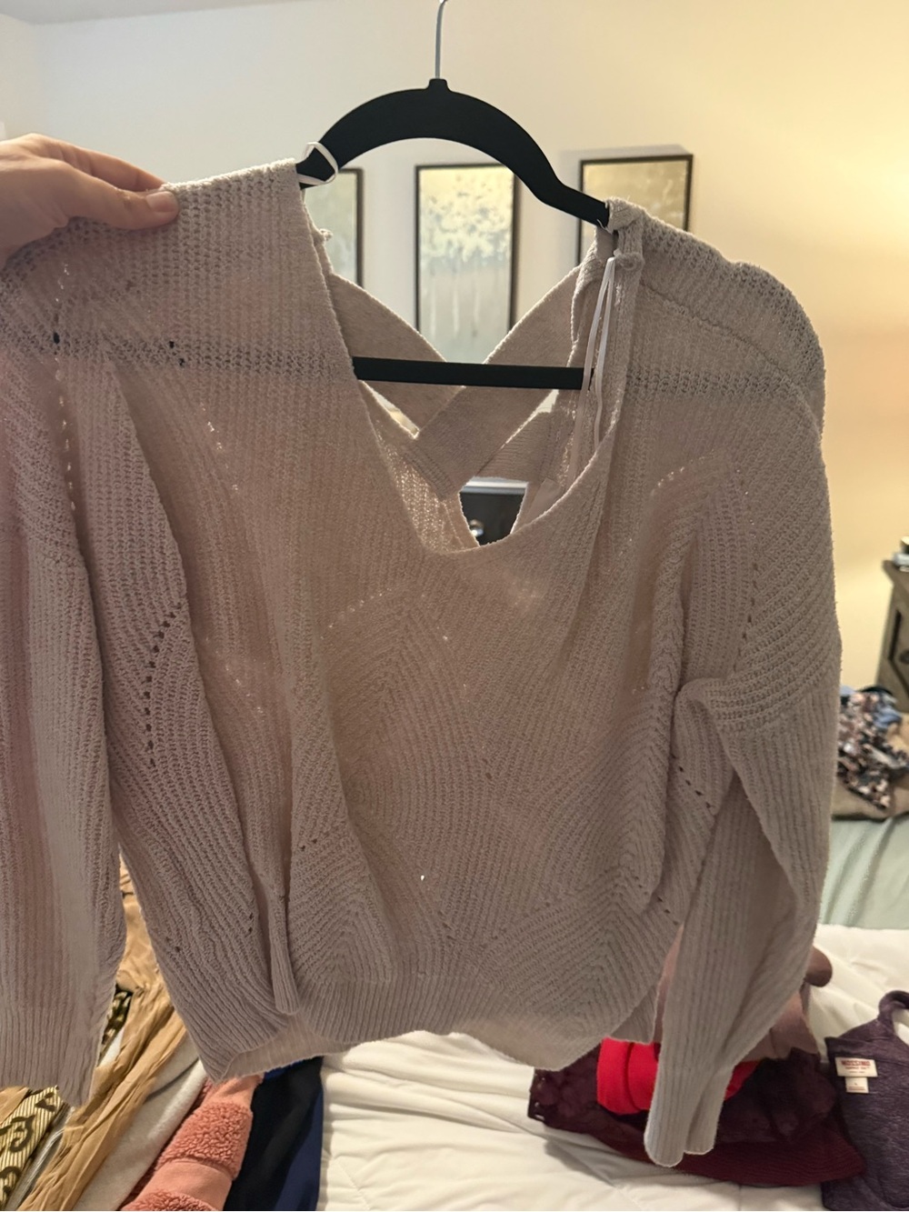 Women's Light Pink V-Neck Knit Sweater with Back Tie Detail